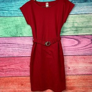 FASHION NOVA red crew neck t-shirt dress with belt buckle waist band